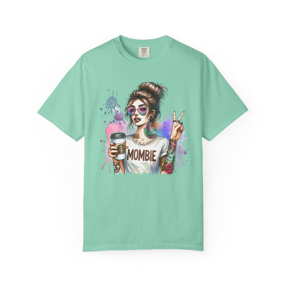 Cool Mombie with Coffee Peace Tattoo - Comfort Colors | Trendy Women's T-Shirt. Direct to Garment. Printed & Shipped in the USA. Unisex Sizes.