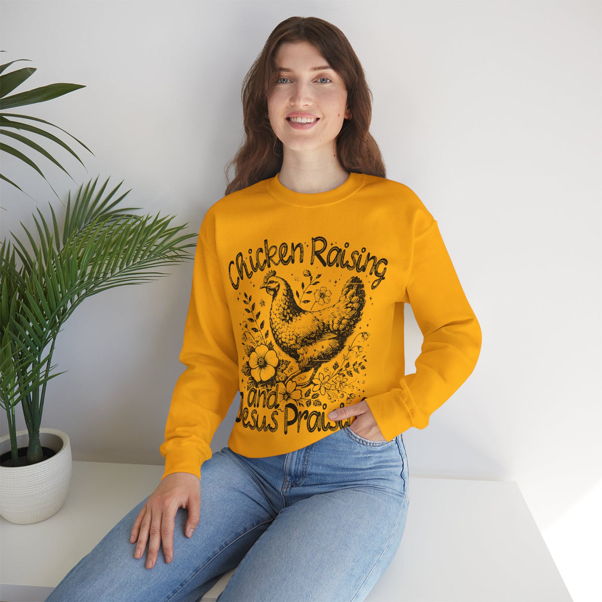 Chicken Raising and Jesus Praising – Gildan Heavy Blend | Trendy Men's and Women’s Soft Sweatshirt. Direct to Garment. Printed & Shipped in the USA. Unisex Sizes.