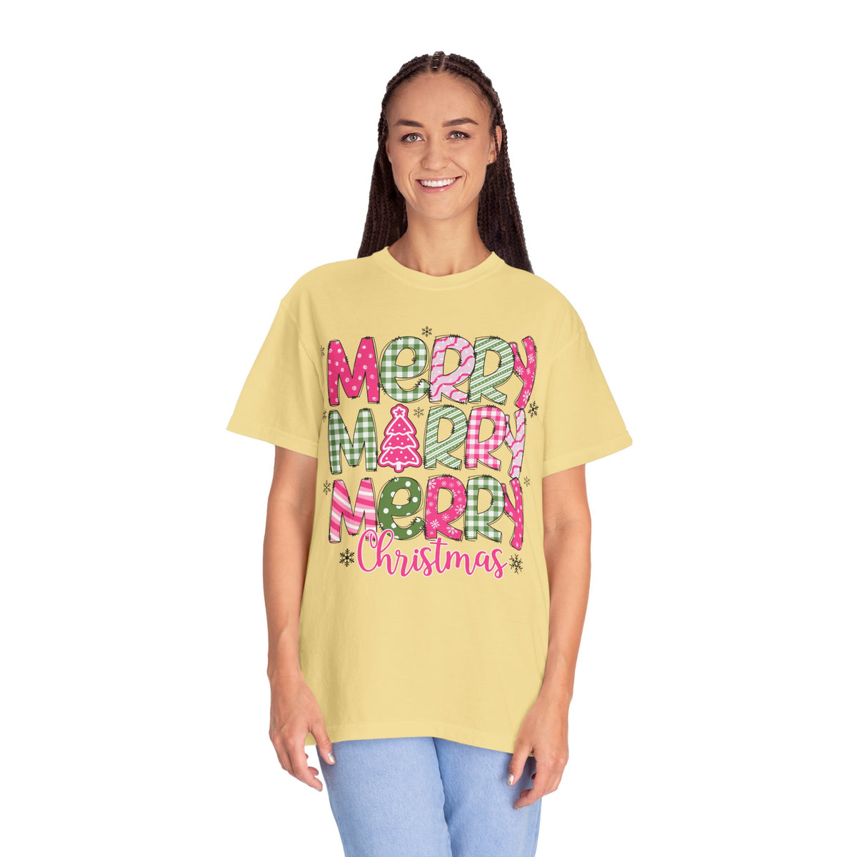 Merry Merry Merry Christmas, Festive Candy Cane & Pink and Green Plaid - Comfort Colors | Trendy Women's T-Shirt. Direct to Garment. Printed & Shipped in the USA. Unisex Sizes.