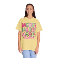 Merry Merry Merry Christmas, Festive Candy Cane & Pink and Green Plaid - Comfort Colors | Trendy Women's T-Shirt. Direct to Garment. Printed & Shipped in the USA. Unisex Sizes.