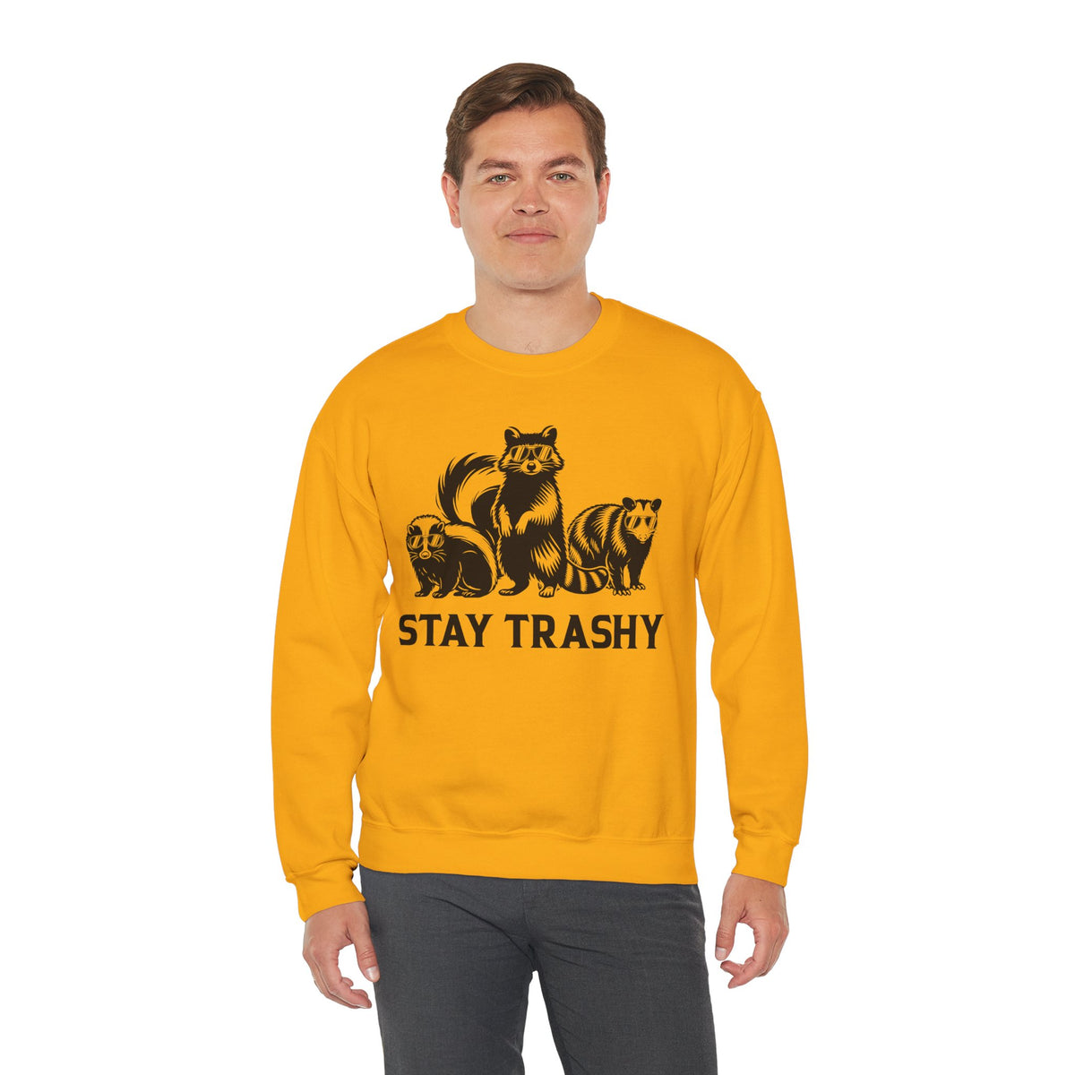 Stay Trashy, Skunk Raccoon Possum – Gildan Heavy Blend | Trendy Women’s and Men's Soft Sweatshirt. Direct to Garment. Printed & Shipped in the USA. Unisex Sizes.