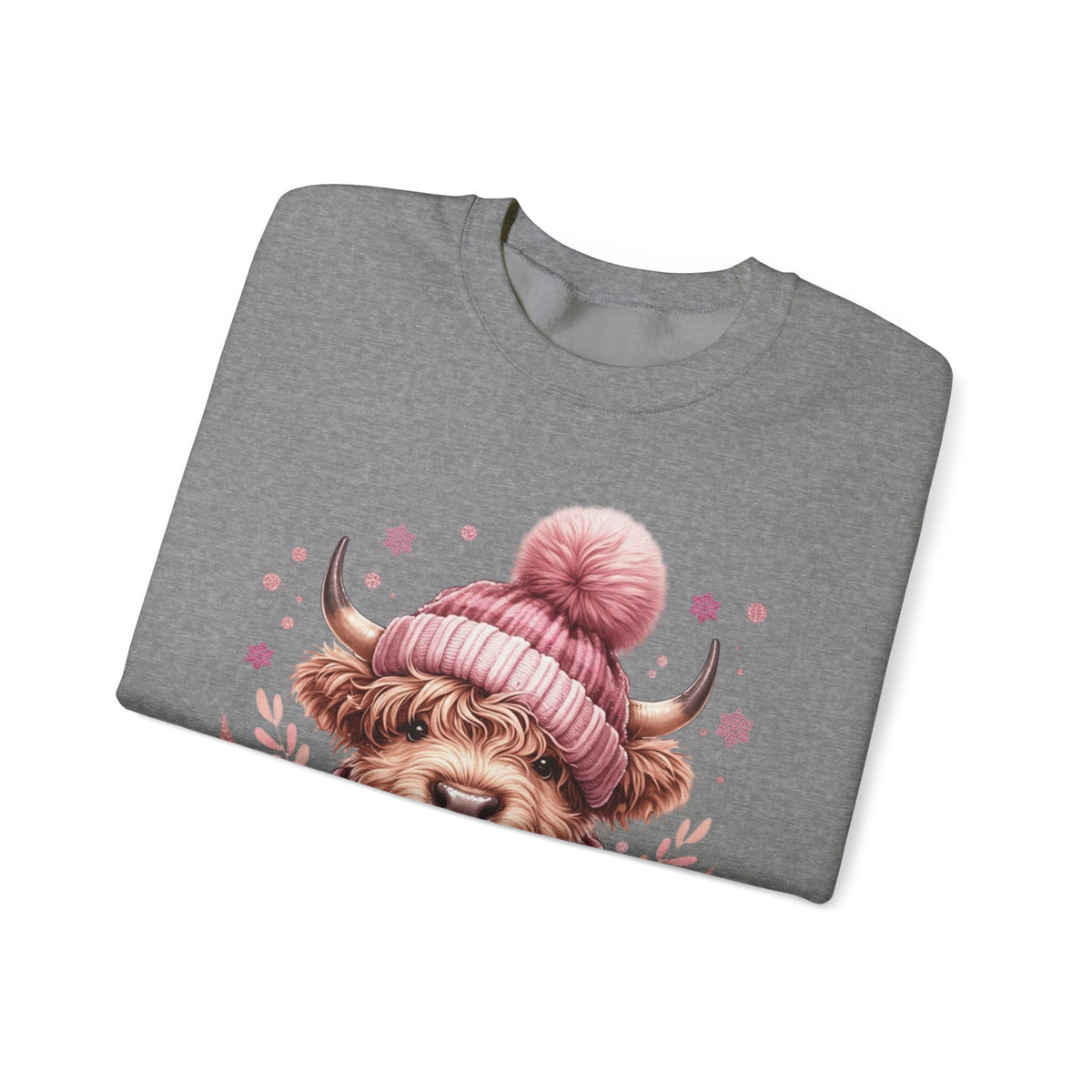 Cozy Highland Cow, Winter Coffee Mug & Scarf Pink – Gildan Heavy Blend | Trendy Women’s Soft Sweatshirt. Direct to Garment. Printed & Shipped in the USA. Unisex Sizes.