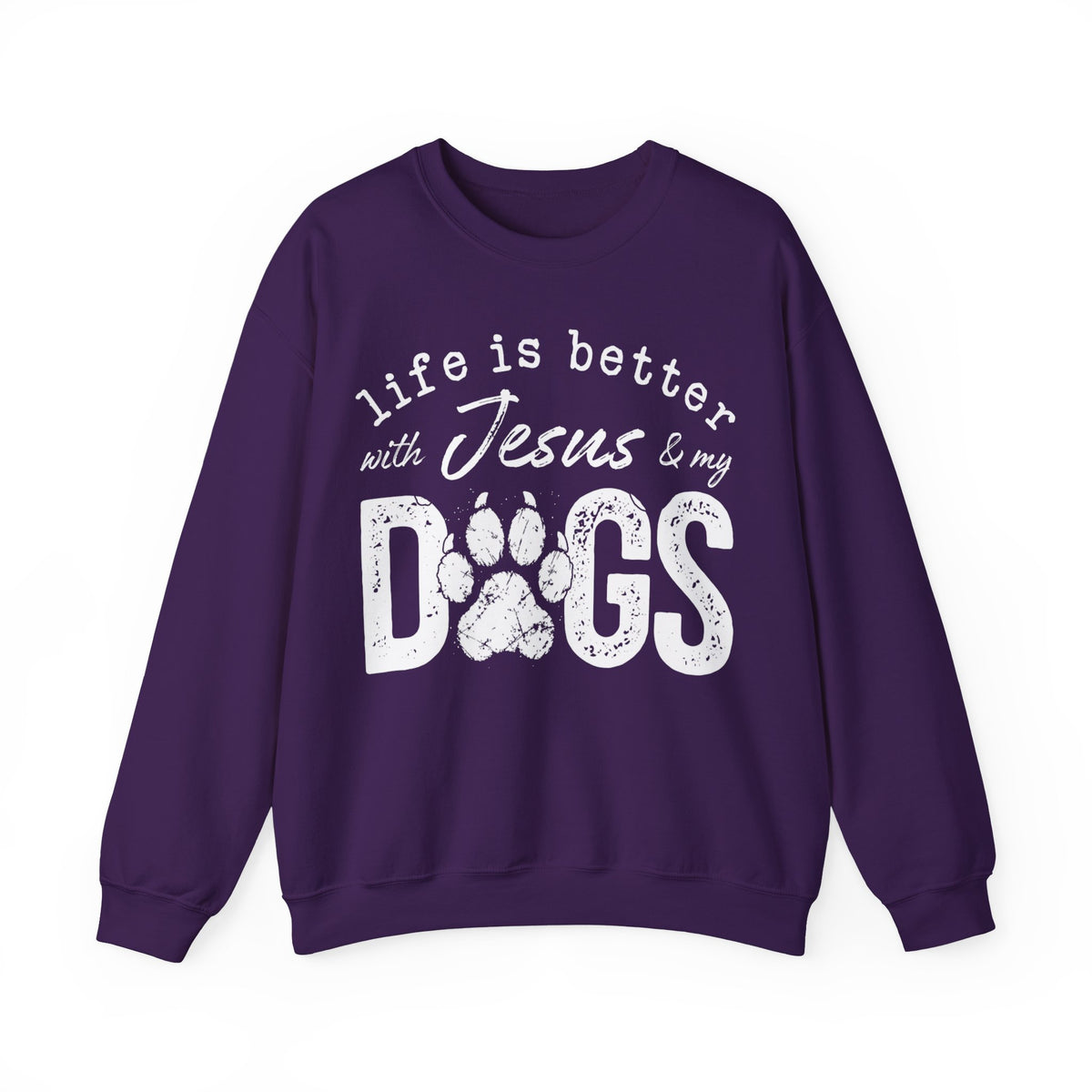 Life is Better With Jesus and My Dogs – Gildan Heavy Blend | Trendy Women’s and Men's Soft Sweatshirt. Direct to Garment. Printed & Shipped in the USA. Unisex Sizes.