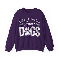 Life is Better With Jesus and My Dogs – Gildan Heavy Blend | Trendy Women’s and Men's Soft Sweatshirt. Direct to Garment. Printed & Shipped in the USA. Unisex Sizes.