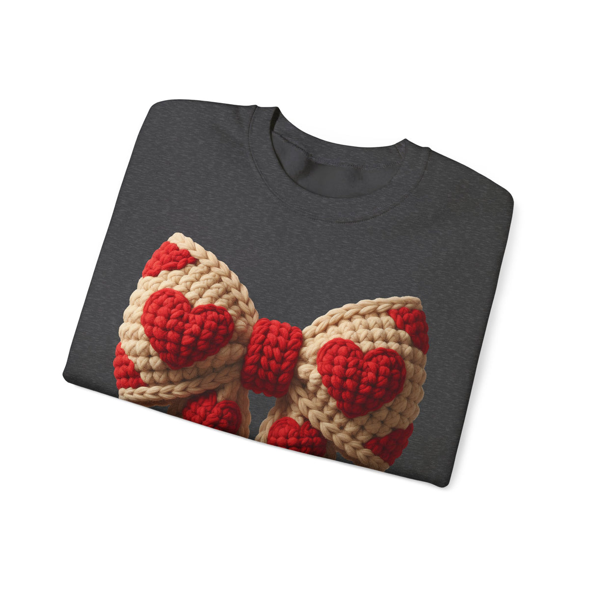 Faux Crochet Valentine Bow – Gildan Heavy Blend | Trendy Women’s Soft Sweatshirt. Direct to Garment. Printed & Shipped in the USA. Unisex Sizes.