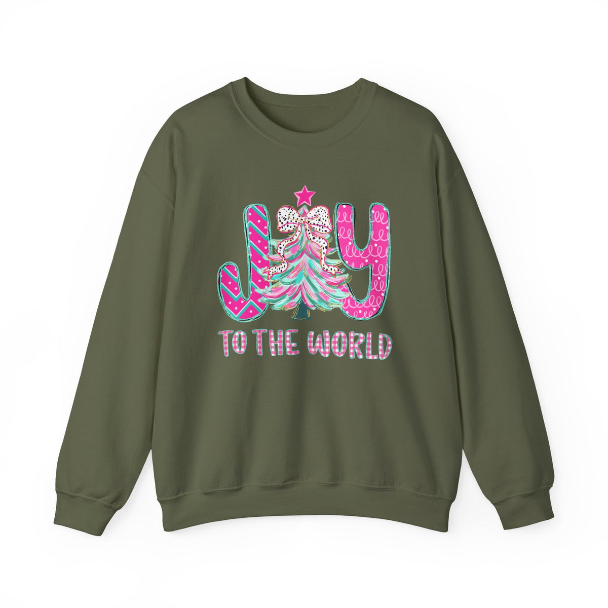 Joy to the World w/Christmas Tree Pink and Teal – Gildan Heavy Blend | Trendy Women’s Soft Sweatshirt. Direct to Garment. Printed & Shipped in the USA. Unisex Sizes.