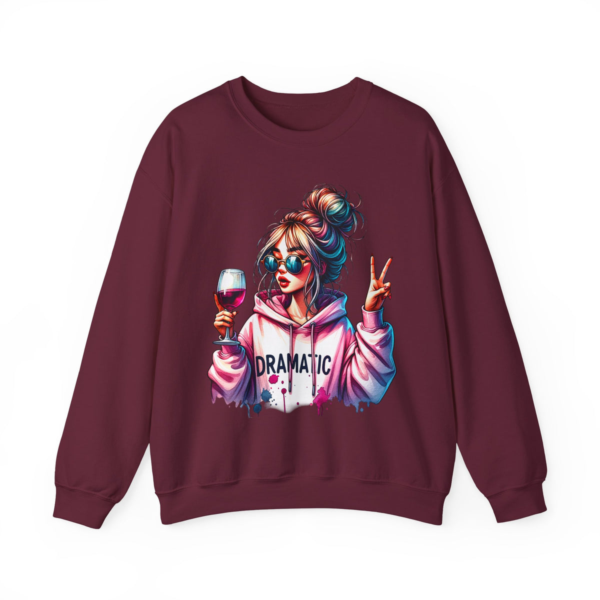 Dramatic Girl With Wine Messy Bun Peace Sign – Gildan Heavy Blend | Trendy Women’s Soft Sweatshirt. Direct to Garment. Printed & Shipped in the USA. Unisex Sizes.