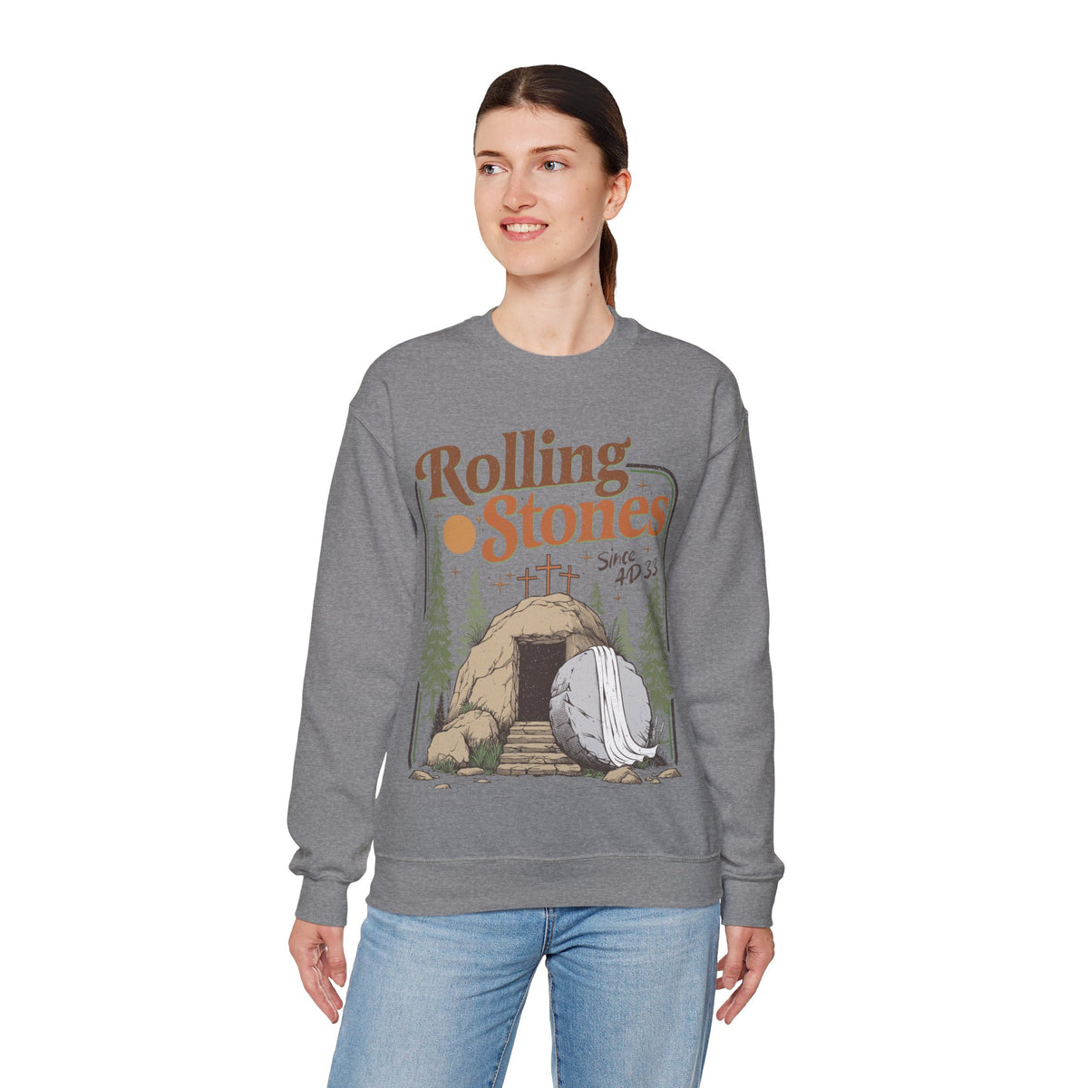 Rolling Stones "Since AD33" Easter Empty Tomb Christian – Gildan Heavy Blend | Trendy Men's and Women’s Soft Sweatshirt. Direct to Garment. Printed & Shipped in the USA. Unisex Sizes.