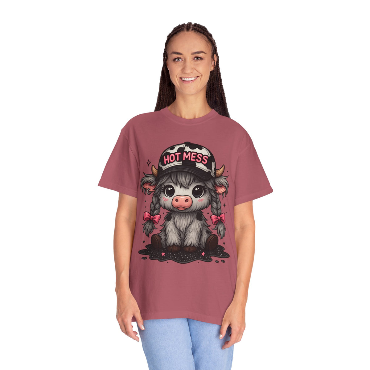 Cute Highland Cow 'Hot Mess' In Braids  - Comfort Colors | Trendy Women's T-Shirt. Direct to Garment. Printed & Shipped in the USA. Unisex Sizes.