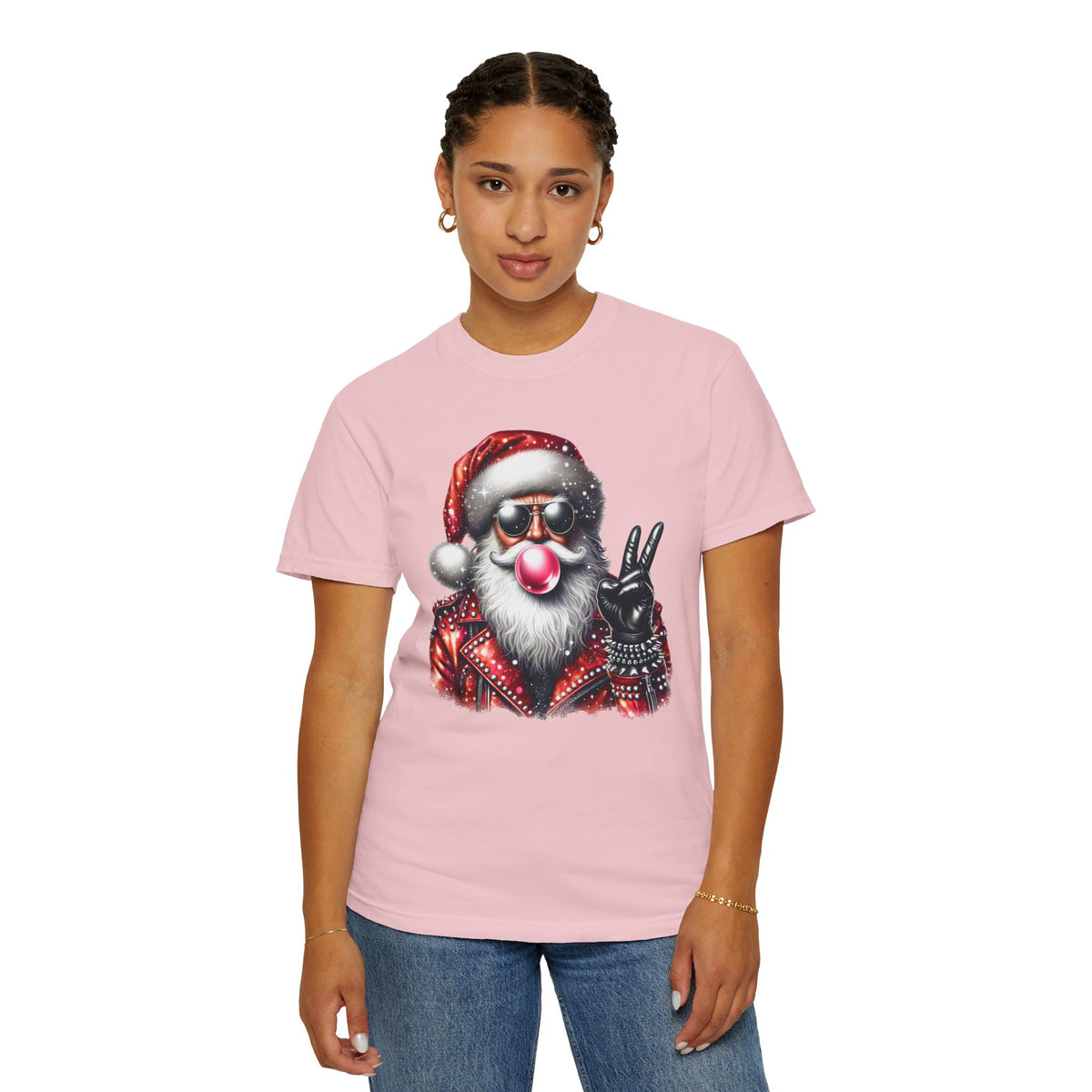Biker Santa Leather Jacket Bubblegum - Comfort Colors | Trendy Women's and Men's T-Shirt. Direct to Garment. Printed & Shipped in the USA. Unisex Sizes.