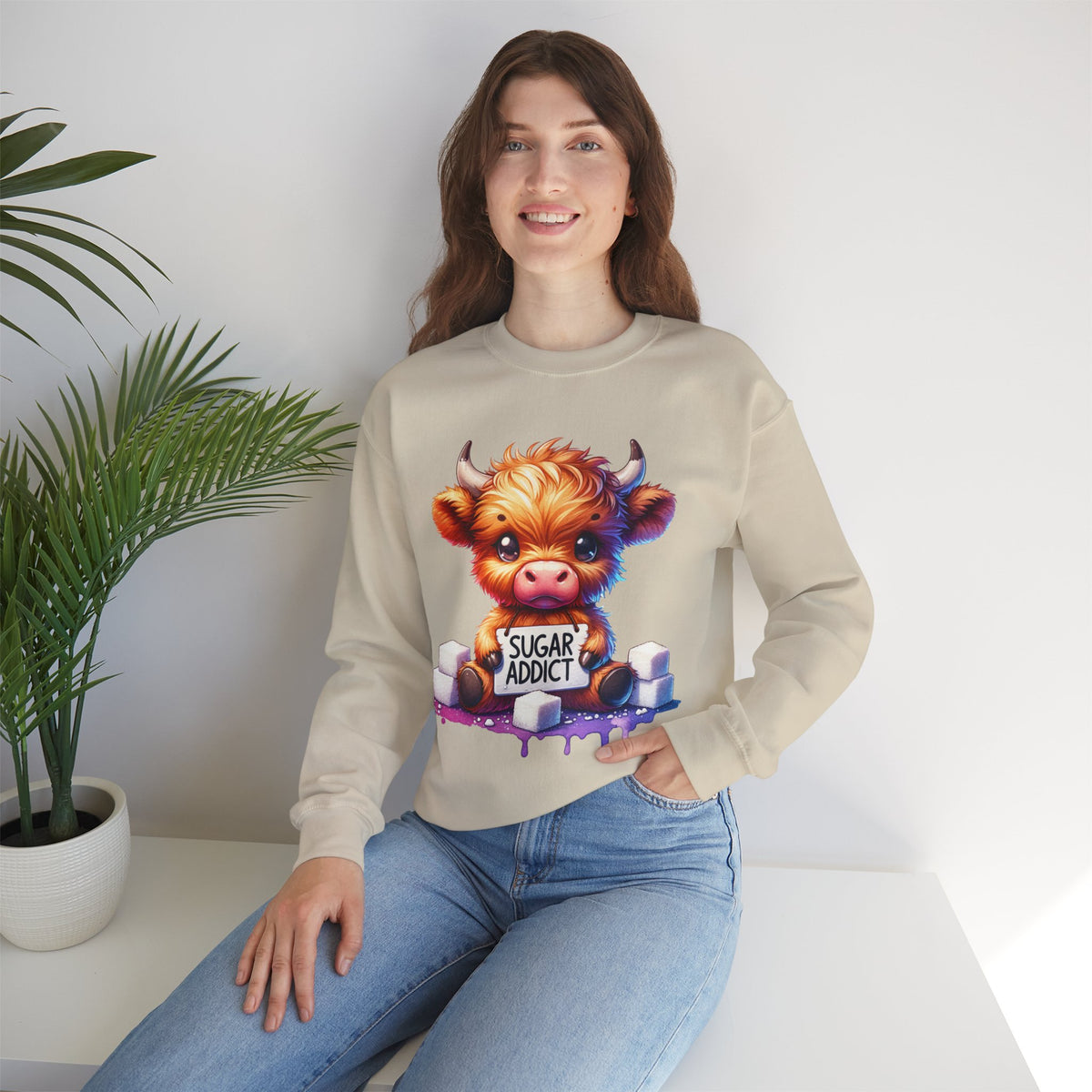 Sugar Addict Highland Cow – Gildan Heavy Blend | Trendy Women’s Soft Sweatshirt. Direct to Garment. Printed & Shipped in the USA. Unisex Sizes.
