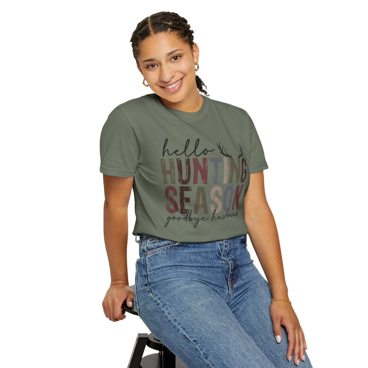 Hello Hunting Season Goodbye Husband Camouflage Wife - Comfort Colors | Trendy Women's T-Shirt. Direct to Garment. Printed & Shipped in the USA. Unisex Sizes.