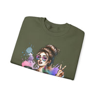 Cool Mombie with Coffee Peace Tattoo - Tired Mom – Gildan Heavy Blend | Trendy Women’s Soft Sweatshirt. Direct to Garment. Printed & Shipped in the USA. Unisex Sizes.