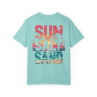 Sun Salt Sand, Beach Sunset - Front & Back Print - Comfort Colors | Trendy Women's and Men's T-Shirt. Direct to Garment. Printed & Shipped in the USA. Unisex Sizes.