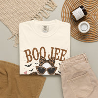 BooJee Ghost with Coffee - Halloween - Comfort Colors | Trendy Women's T-Shirt. Direct to Garment. Printed & Shipped in the USA. Unisex Sizes.
