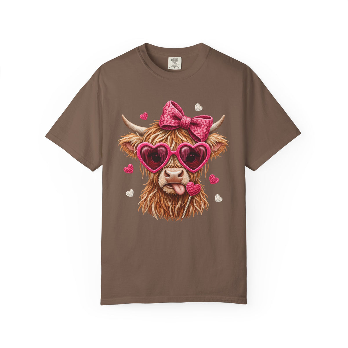 Highland Cow - Pink Heart Shaped Glasses - Comfort Colors | Trendy Women's T-Shirt. Direct to Garment. Printed & Shipped in the USA. Unisex Sizes.