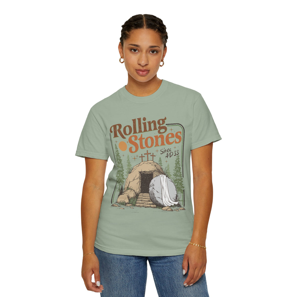 Rolling Stones "Since AD 33" Easter Empty Tomb Christian - Comfort Colors | Trendy Men's and Women's T-Shirt. Direct to Garment. Printed & Shipped in the USA. Unisex Sizes.