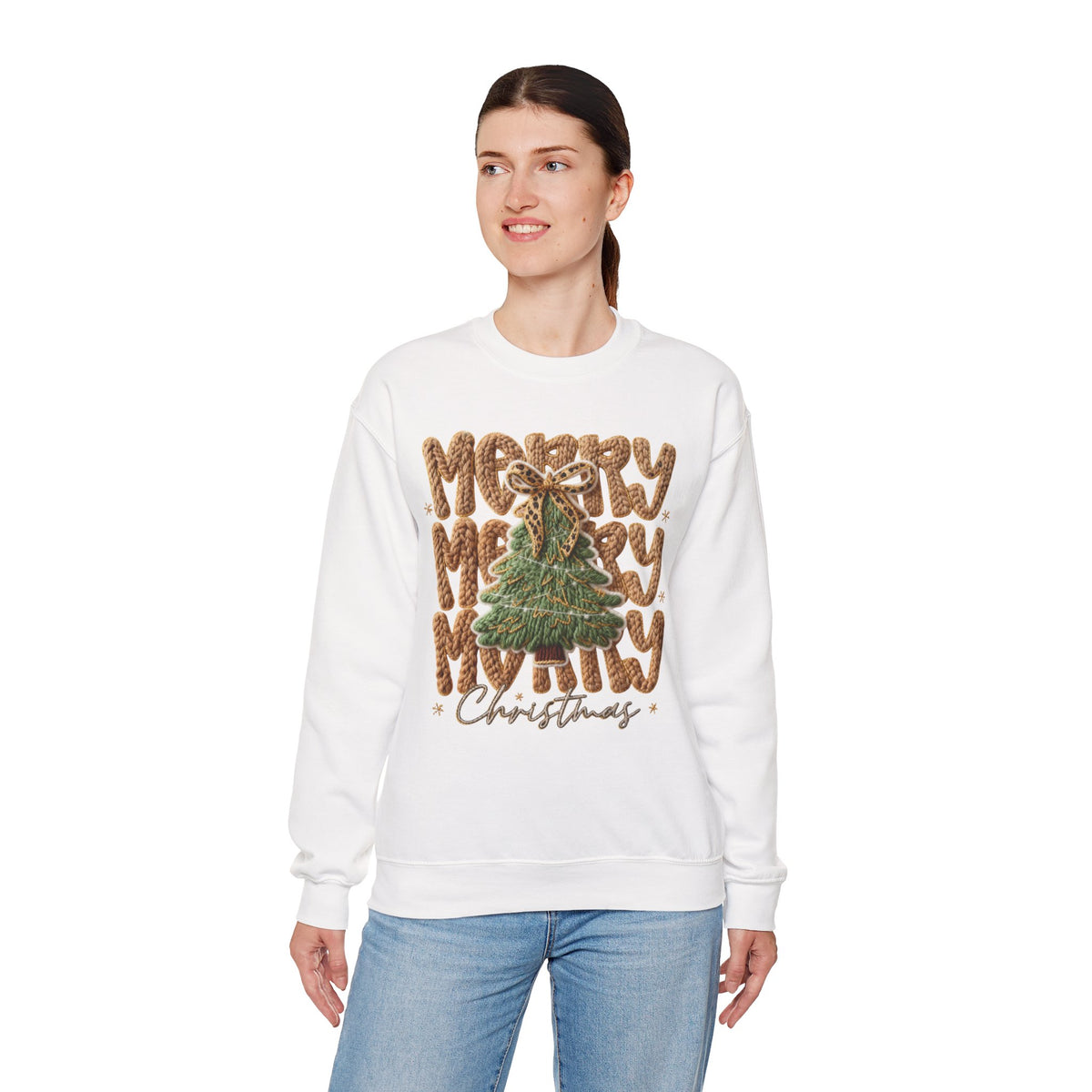 Merry Merry Merry Christmas, Faux Latch Hook Yarn – Gildan Heavy Blend | Trendy Women’s Soft Sweatshirt. Direct to Garment. Printed & Shipped in the USA. Unisex Sizes.
