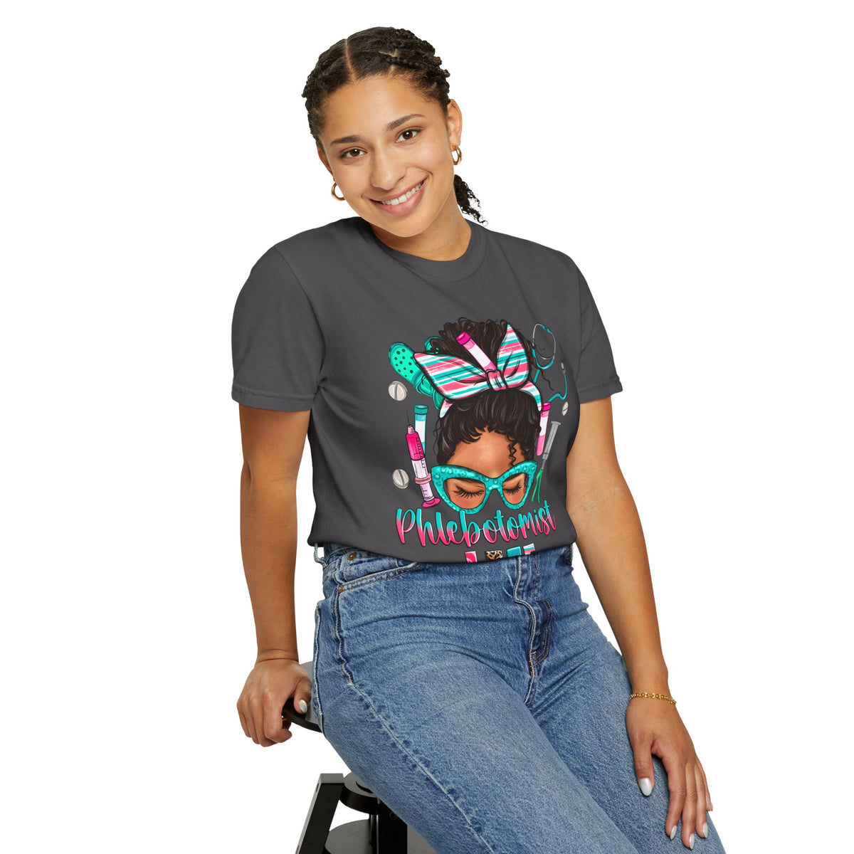 Phlebotomist Life, Messy Bun - Comfort Colors | Trendy Women's T-Shirt. Direct to Garment. Printed & Shipped in the USA. Unisex Sizes.
