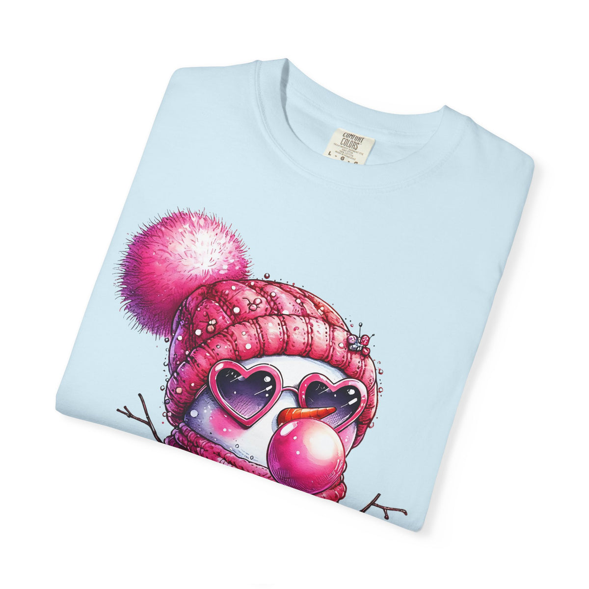 Pink Girly Snowman with Heart Sunglasses and Bubblegum Winter - Comfort Colors | Trendy Women's T-Shirt. Direct to Garment. Printed & Shipped in the USA. Unisex Sizes.