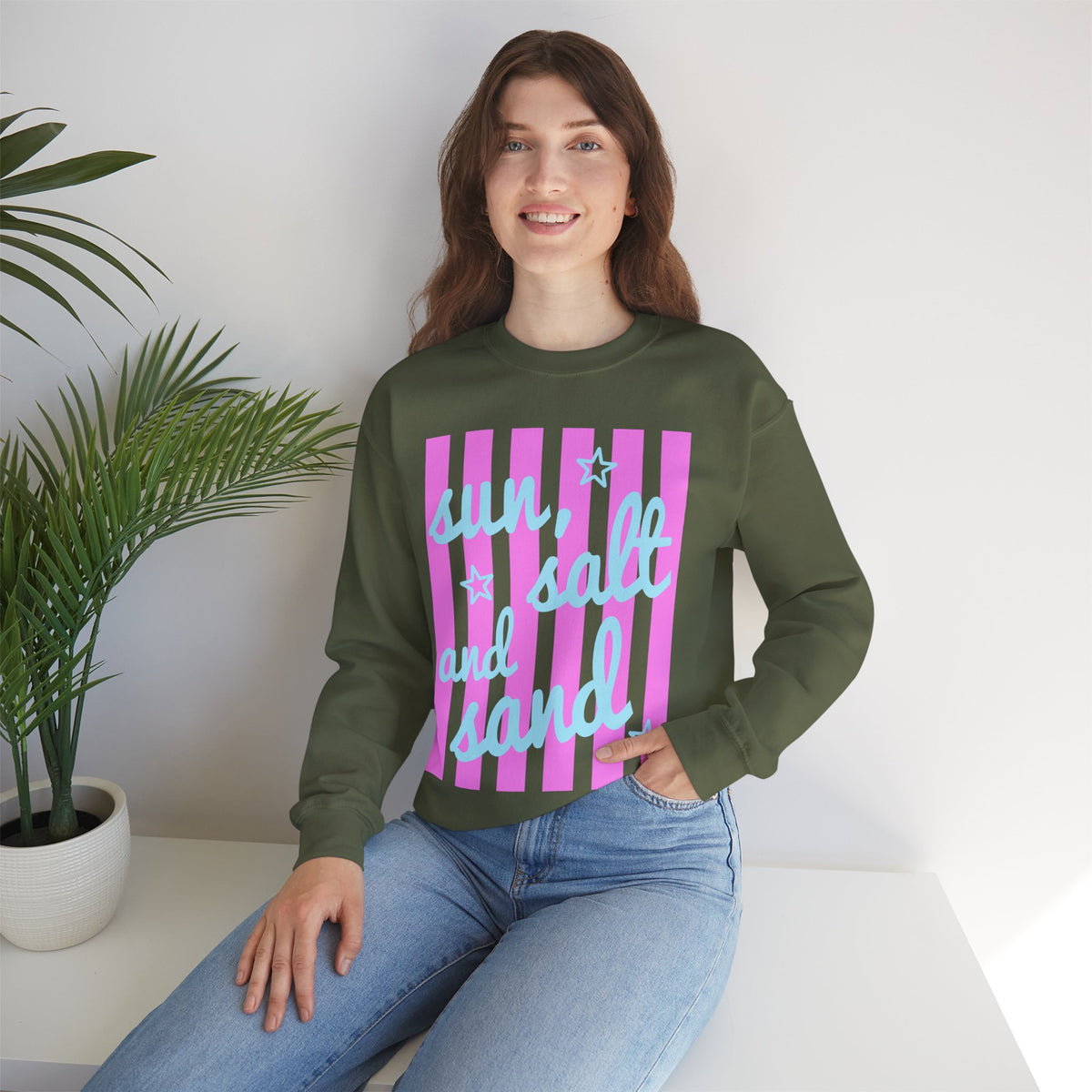 Sun, Salt and Sand – Gildan Heavy Blend | Trendy Women’s Soft Sweatshirt. Direct to Garment. Printed & Shipped in the USA. Unisex Sizes.