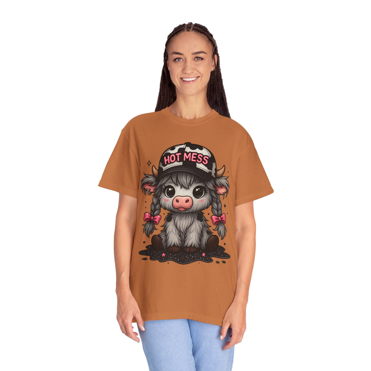 Cute Highland Cow 'Hot Mess' In Braids  - Comfort Colors | Trendy Women's T-Shirt. Direct to Garment. Printed & Shipped in the USA. Unisex Sizes.