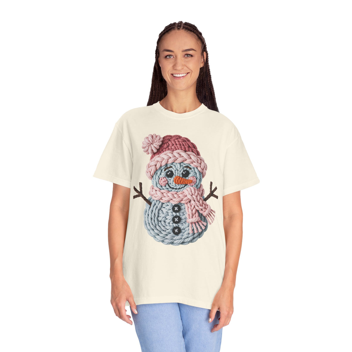 Cute Yarn Snowman - Pink Scarf - Comfort Colors | Trendy Women's T-Shirt. Direct to Garment. Printed & Shipped in the USA. Unisex Sizes.