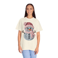 Cute Yarn Snowman - Pink Scarf - Comfort Colors | Trendy Women's T-Shirt. Direct to Garment. Printed & Shipped in the USA. Unisex Sizes.