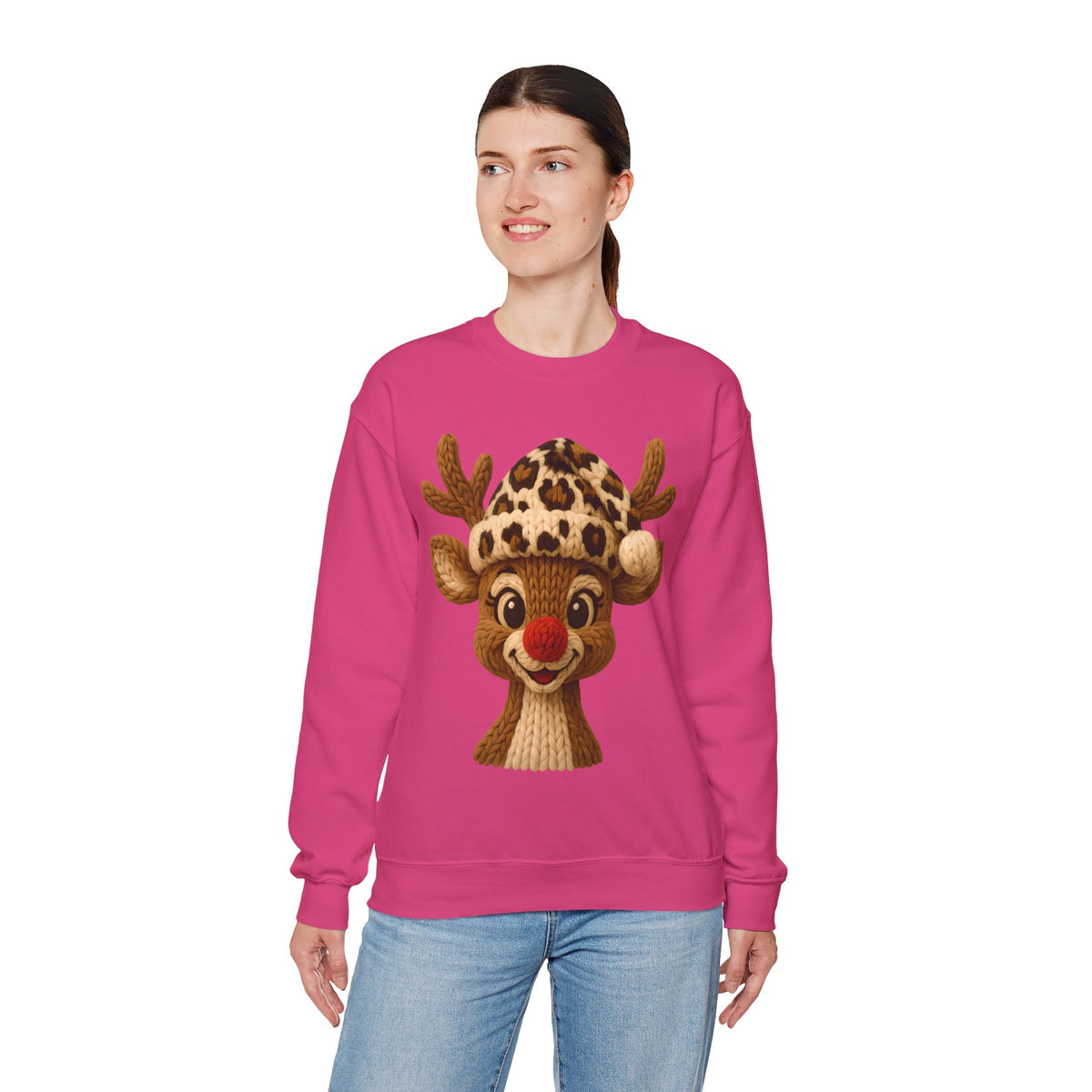 Rudolph Reindeer Leopard Santa Hat Christmas – Gildan Heavy Blend | Trendy Women’s Soft Sweatshirt. Direct to Garment. Printed & Shipped in the USA. Unisex Sizes.