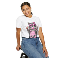 Cute But Feral, Raccoon in Pink Bibs - Comfort Colors | Trendy Women's T-Shirt. Direct to Garment. Printed & Shipped in the USA. Unisex Sizes.