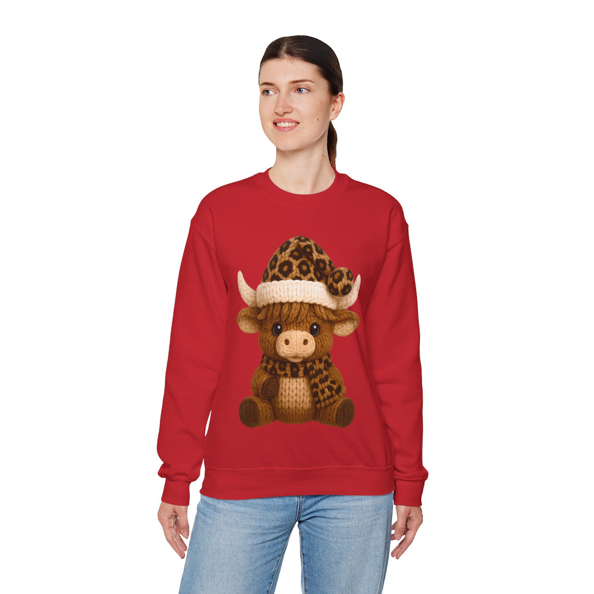 Cute Highland Cow with Leopard Santa Hat Christmas – Gildan Heavy Blend | Trendy Women’s Soft Sweatshirt. Direct to Garment. Printed & Shipped in the USA. Unisex Sizes.