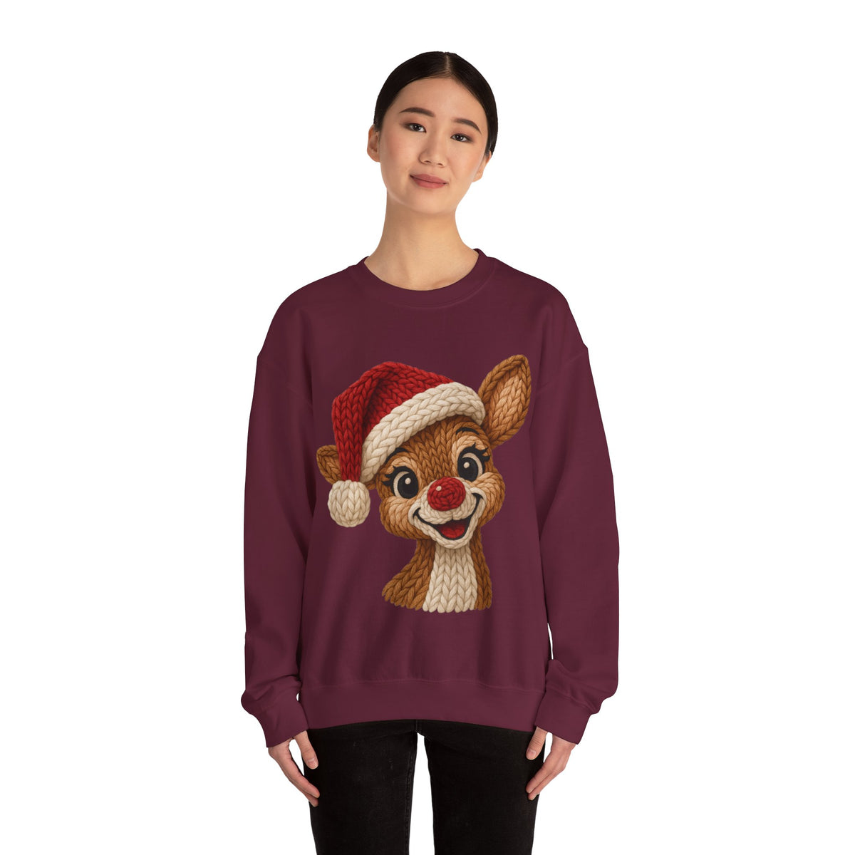 Cute Rudolph Faux Knit Look Reindeer w/Santa Hat – Gildan Heavy Blend | Trendy Women’s Soft Sweatshirt. Direct to Garment. Printed & Shipped in the USA. Unisex Sizes.