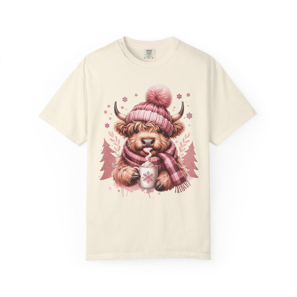 Cozy Highland Cow, Winter Coffee Mug & Scarf - Comfort Colors | Trendy Women's T-Shirt. Direct to Garment. Printed & Shipped in the USA. Unisex Sizes.