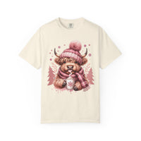 Cozy Highland Cow, Winter Coffee Mug & Scarf - Comfort Colors | Trendy Women's T-Shirt. Direct to Garment. Printed & Shipped in the USA. Unisex Sizes.