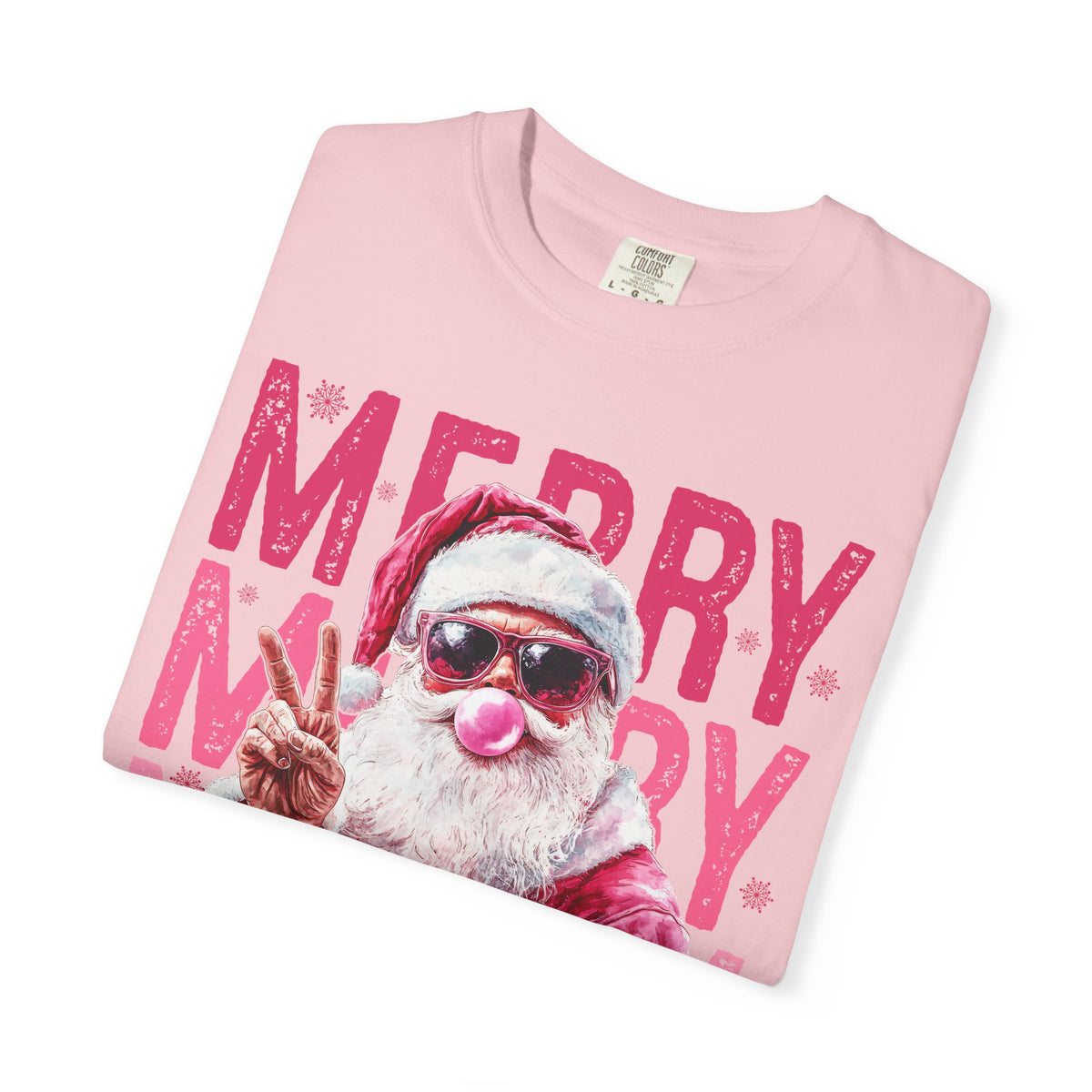 Pink Merry Christmas Bubblegum Santa - Comfort Colors | Trendy Women's T-Shirt. Direct to Garment. Printed & Shipped in the USA. Unisex Sizes.