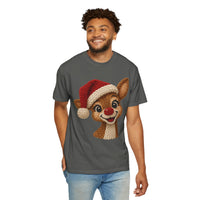 Cute Rudolph Faux Knit Look Reindeer w/Santa Hat - Comfort Colors | Trendy Women's T-Shirt. Direct to Garment. Printed & Shipped in the USA. Unisex Sizes.
