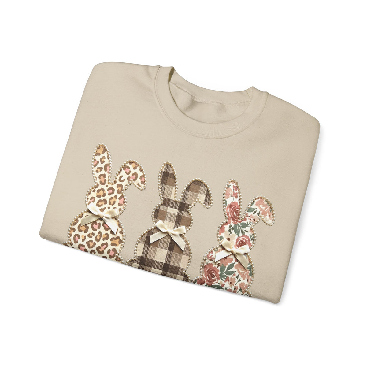 Easter Bunny Trio, Leopard, Plaid & Floral - Faux Pearl Outline – Gildan Heavy Blend | Trendy Women’s Soft Sweatshirt. Direct to Garment. Printed & Shipped in the USA. Unisex Sizes.
