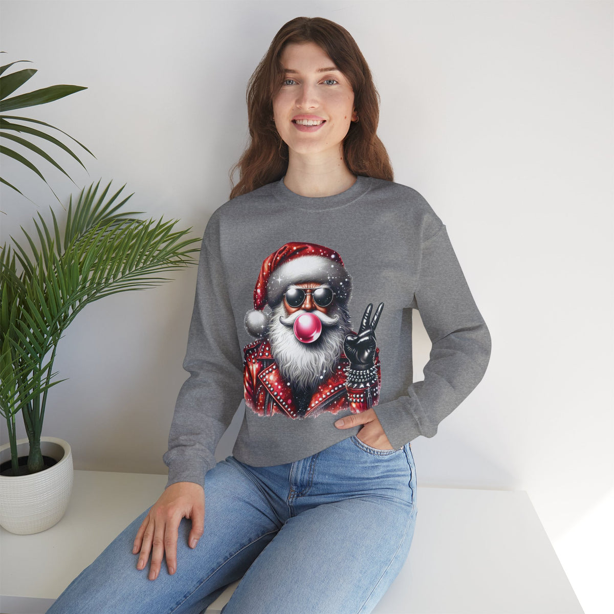 Biker Santa Leather Jacket Bubblegum – Gildan Heavy Blend | Trendy Women’s and Men's Soft Sweatshirt. Direct to Garment. Printed & Shipped in the USA. Unisex Sizes.