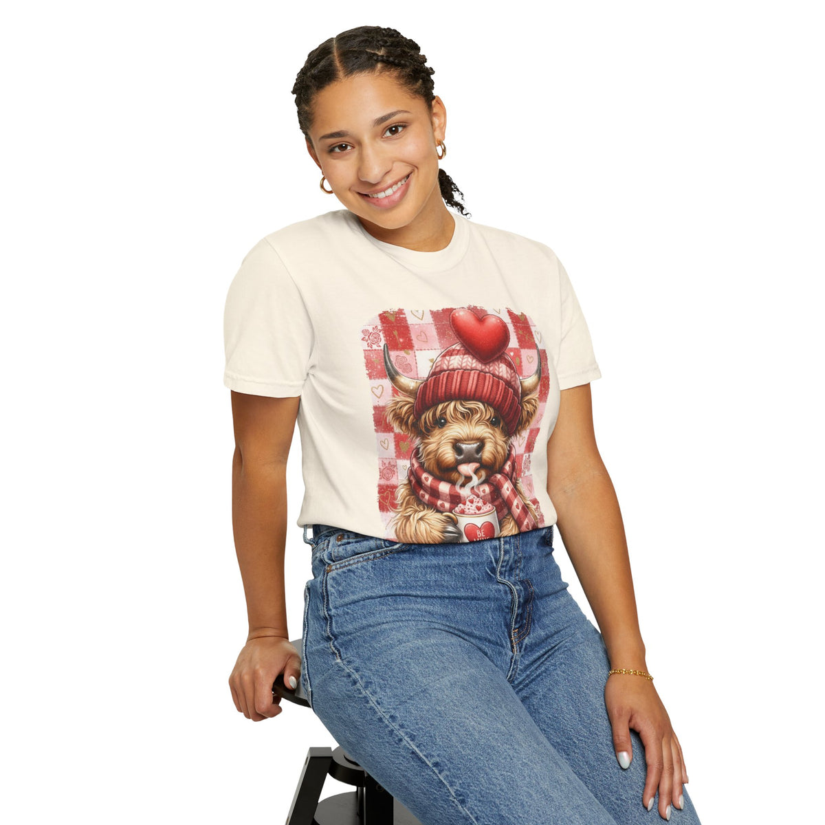 Highland Cow Be Mine, Red Checkered - Comfort Colors | Trendy Women's T-Shirt. Direct to Garment. Printed & Shipped in the USA. Unisex Sizes.