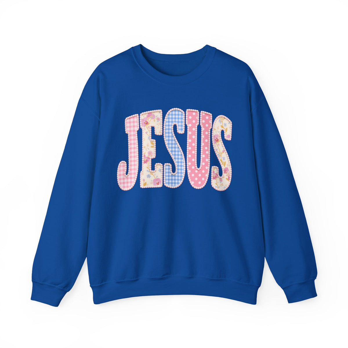 JESUS Pastel Faux Patchwork – Gildan Heavy Blend | Trendy Women’s Soft Sweatshirt. Direct to Garment. Printed & Shipped in the USA. Unisex Sizes.
