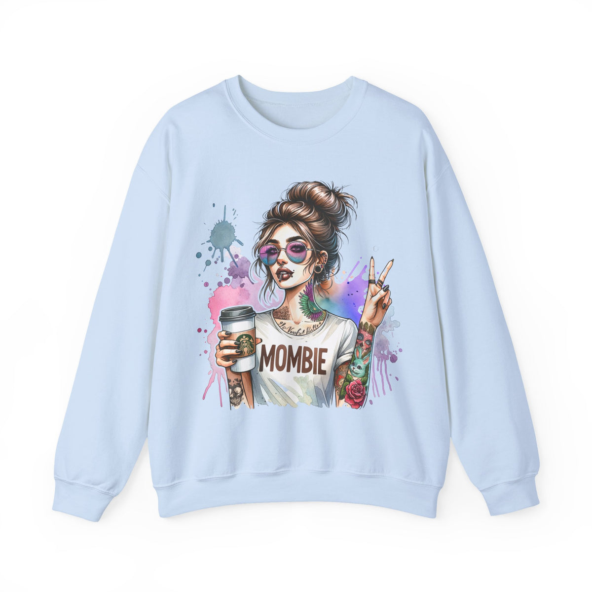 Cool Mombie with Coffee Peace Tattoo - Tired Mom – Gildan Heavy Blend | Trendy Women’s Soft Sweatshirt. Direct to Garment. Printed & Shipped in the USA. Unisex Sizes.