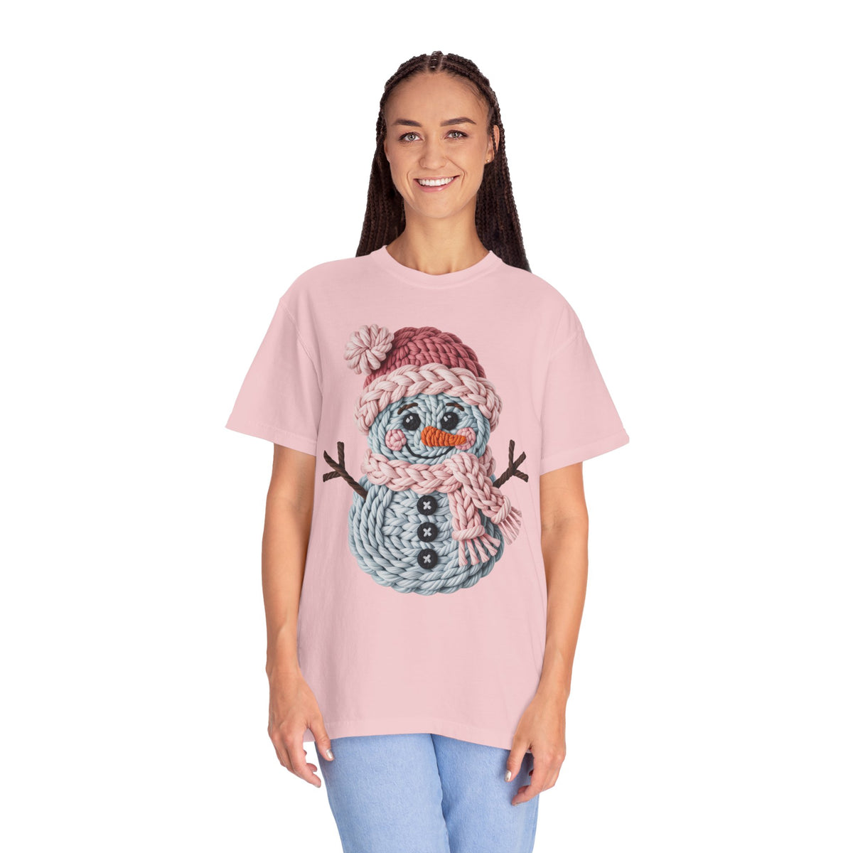 Cute Yarn Snowman - Pink Scarf - Comfort Colors | Trendy Women's T-Shirt. Direct to Garment. Printed & Shipped in the USA. Unisex Sizes.