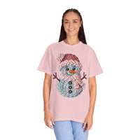 Cute Yarn Snowman - Pink Scarf - Comfort Colors | Trendy Women's T-Shirt. Direct to Garment. Printed & Shipped in the USA. Unisex Sizes.