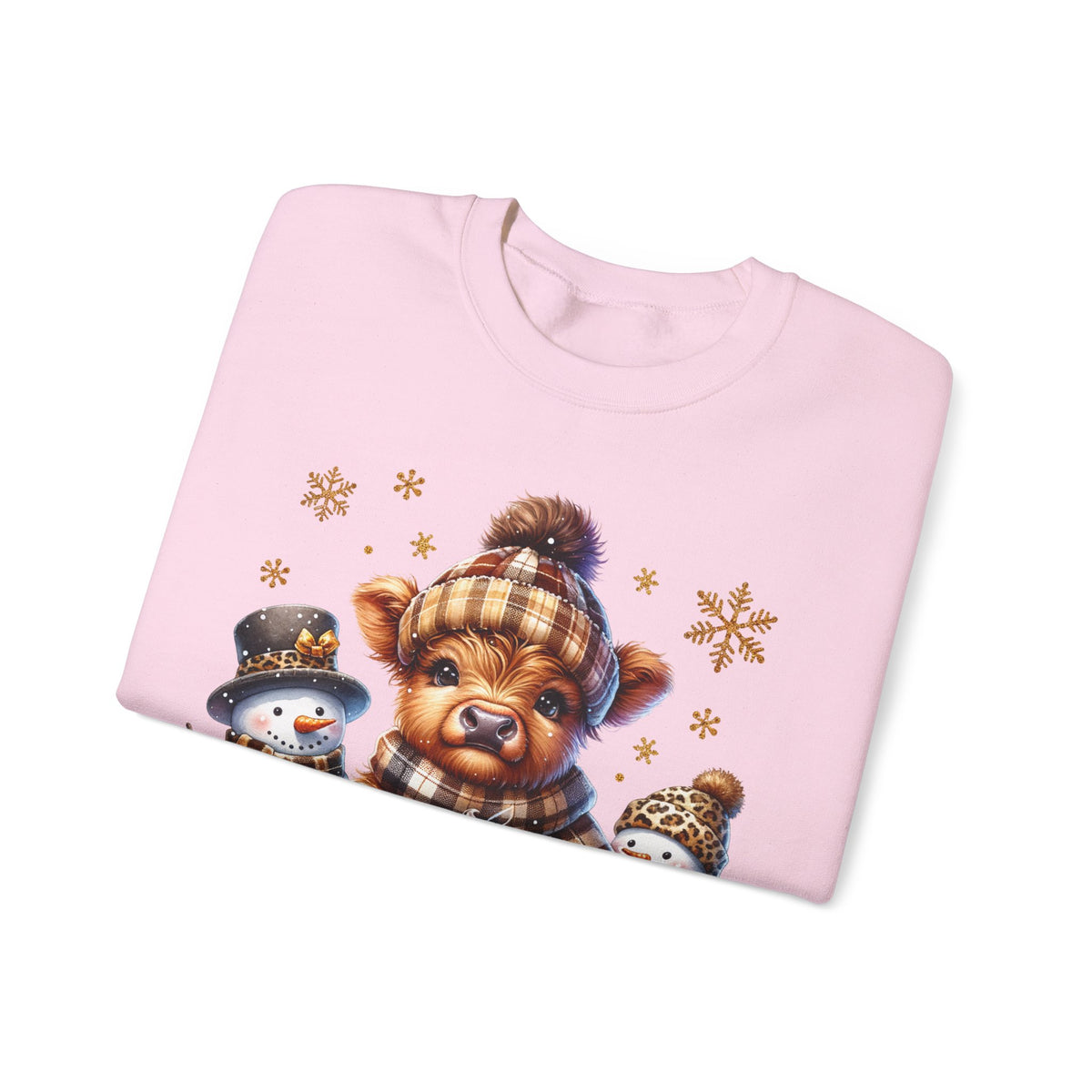 Cute Highland Cow with Snowmen, Winter – Gildan Heavy Blend | Trendy Women’s Soft Sweatshirt. Direct to Garment. Printed & Shipped in the USA. Unisex Sizes.