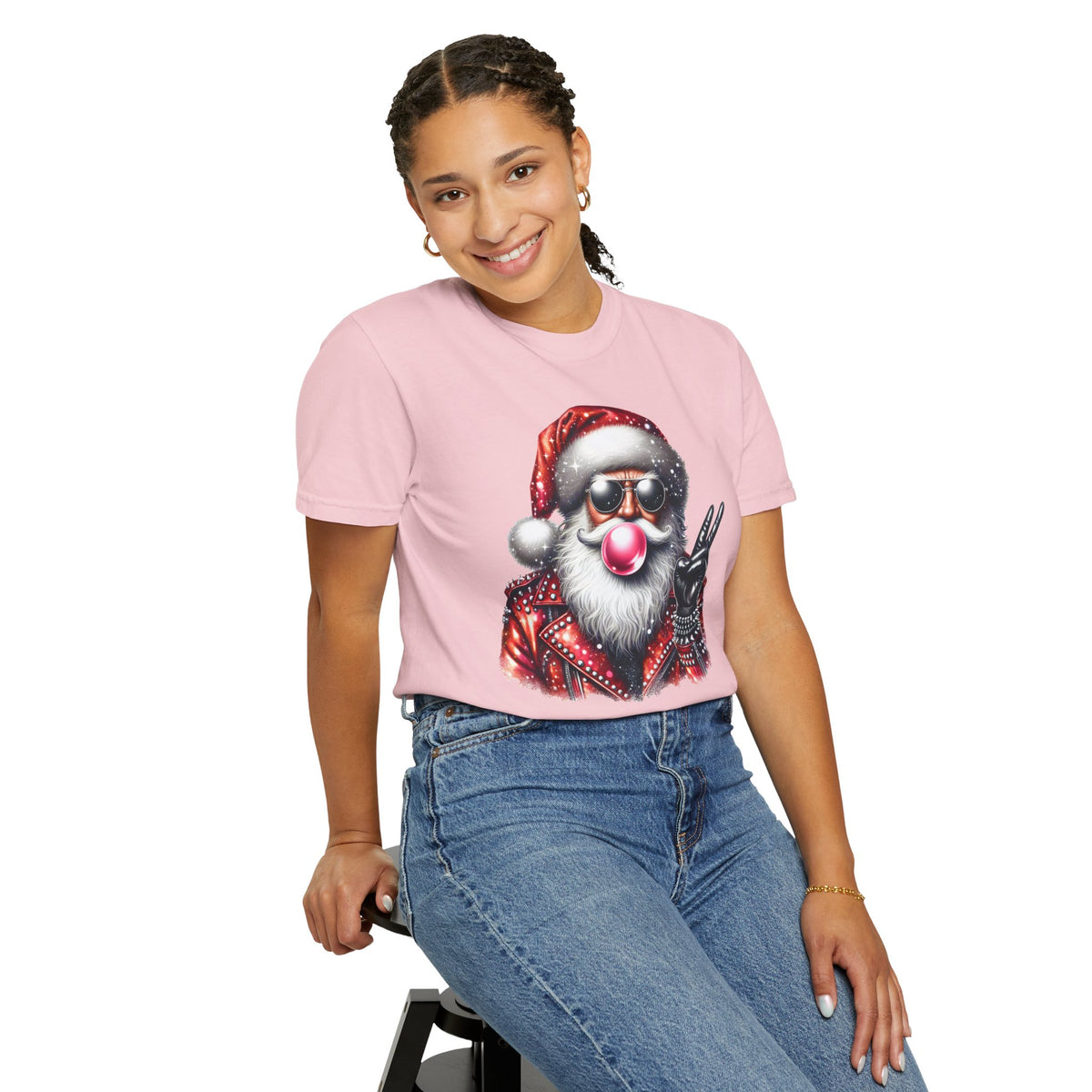 Biker Santa Leather Jacket Bubblegum - Comfort Colors | Trendy Women's and Men's T-Shirt. Direct to Garment. Printed & Shipped in the USA. Unisex Sizes.