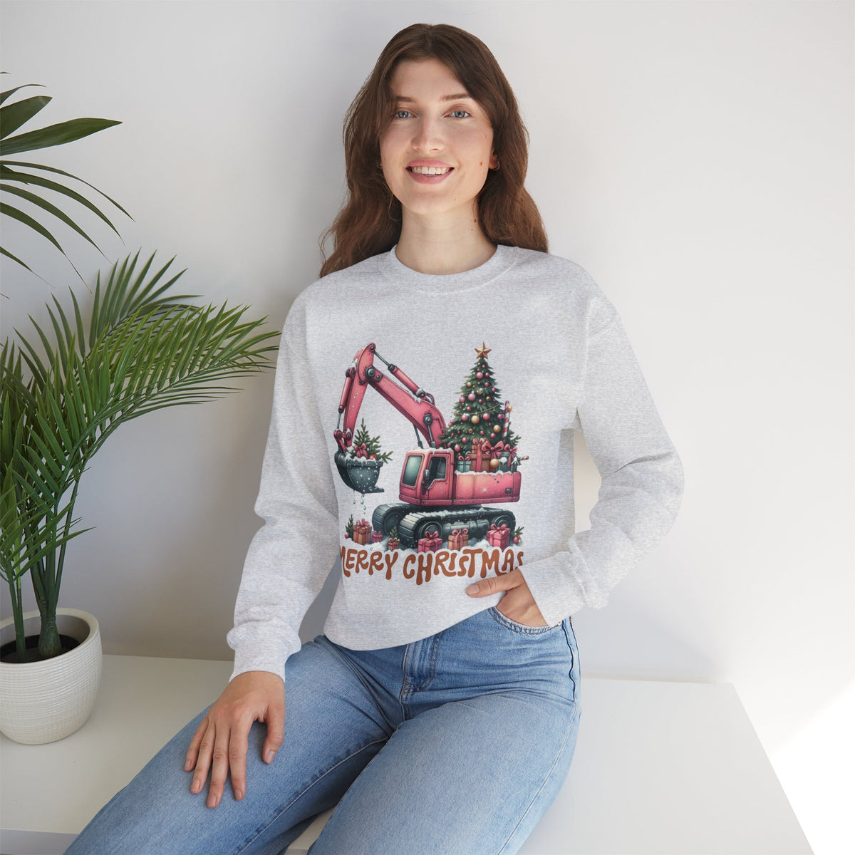 Excavator Merry Christmas Construction – Gildan Heavy Blend | Trendy Women’s Soft Sweatshirt. Direct to Garment. Printed & Shipped in the USA. Unisex Sizes.
