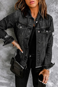 Ella Black Jean Jacket, Distressed w/Raw Hem