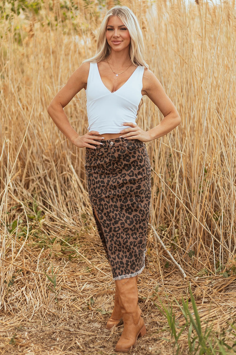 Brown Leopard Frayed-Bottom Denim Skirt with Slit
