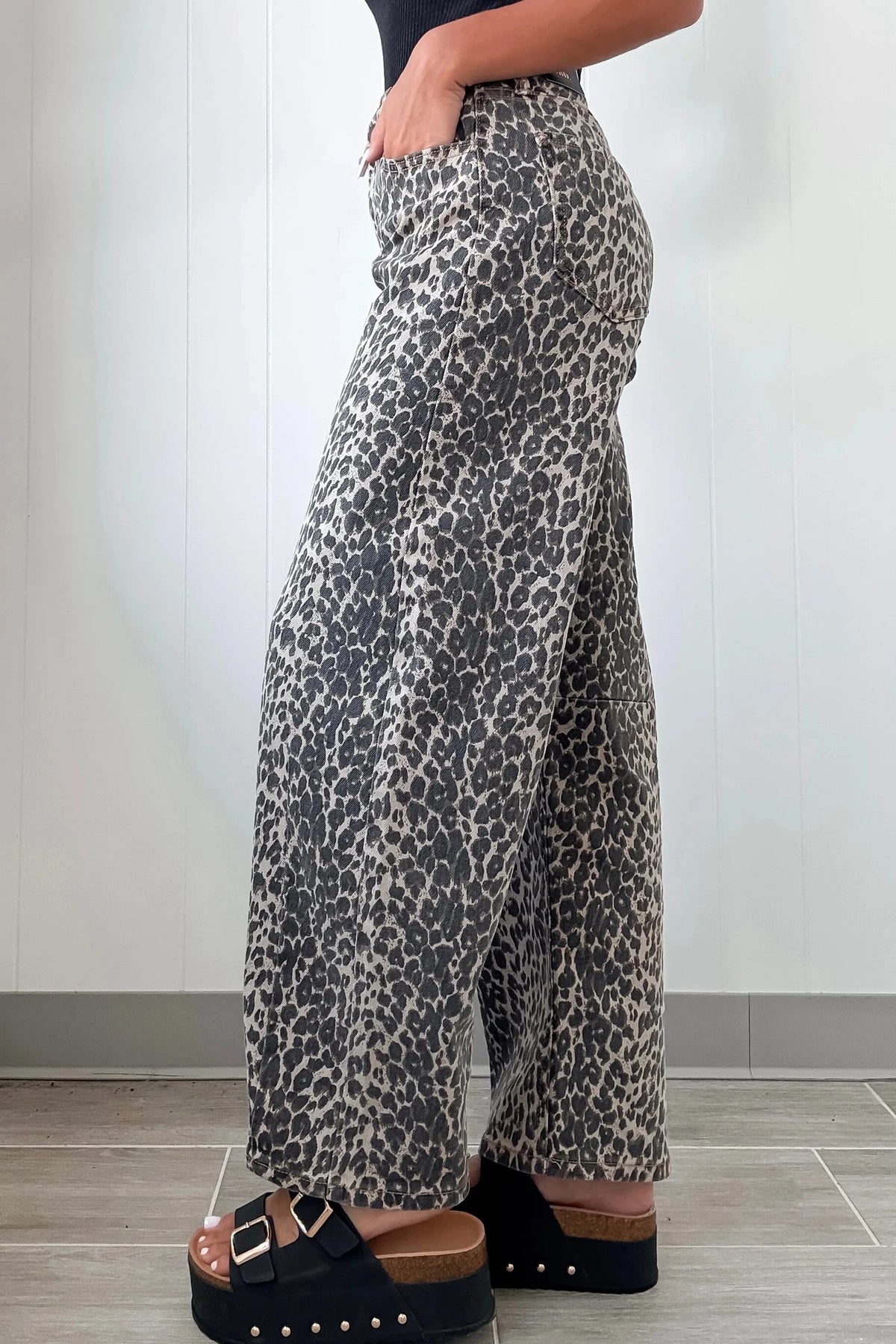 High-Rise Black Leopard Print Barrel Jeans