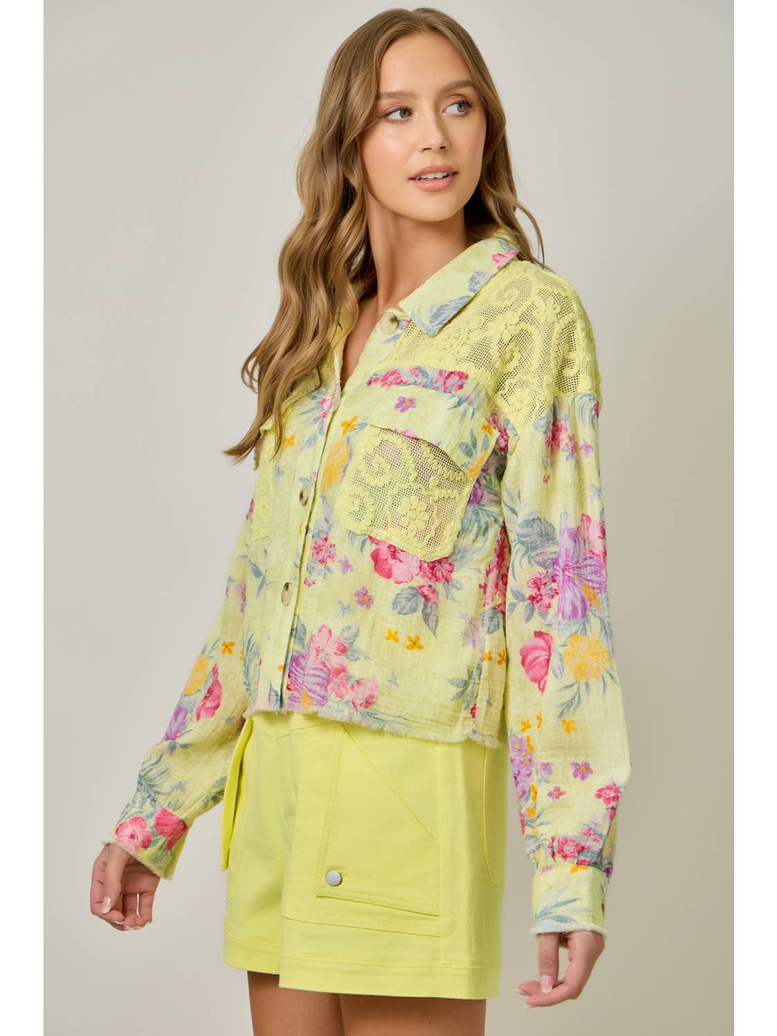 Bright Yellow Floral 100% Cotton and Lace Lightweight Jacket